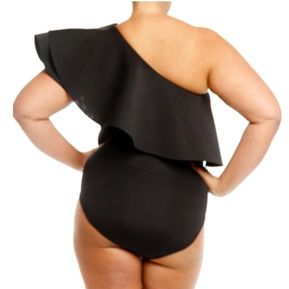 Black One Shoulder Ruffle Bodycon Bodysuit Top - Picture 3 of 4